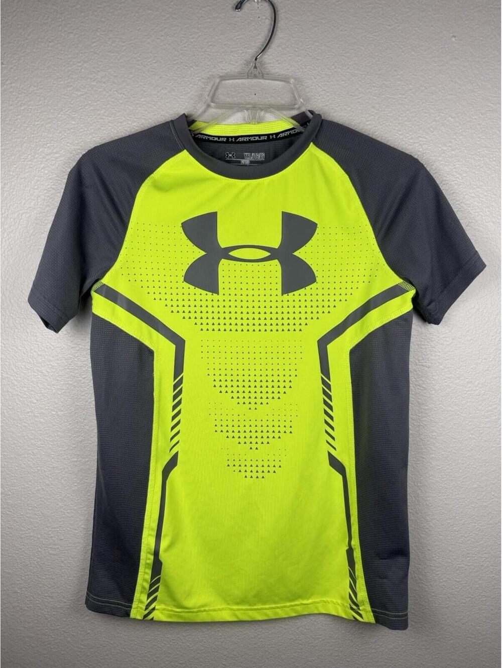 Under Armour HeatGear YXL Neon Yellow Gray Fitted Athletic Shirt Youth XL